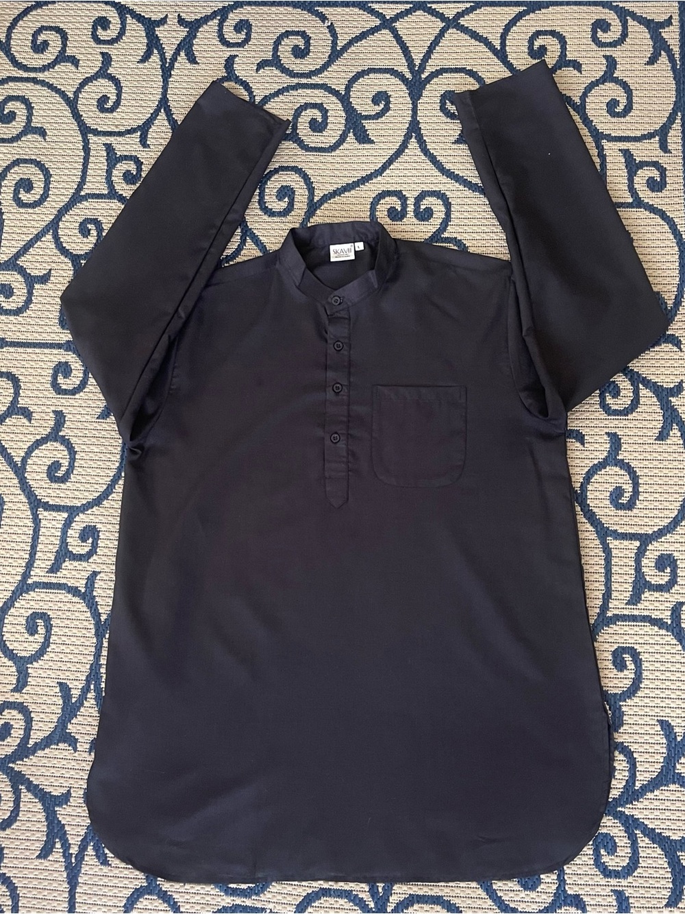 Men's Black Mandarin Collar Button-Down Shirt with Chest Pocket